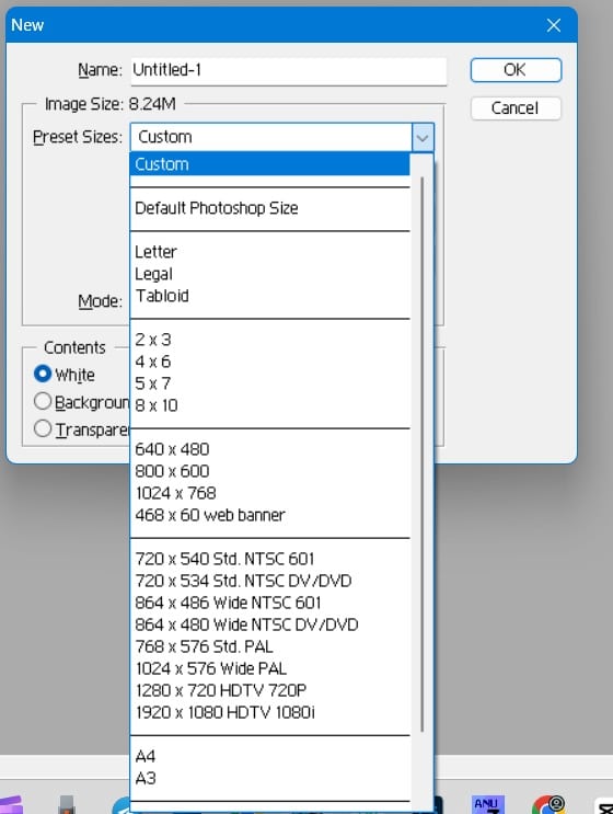 Preset sizes
